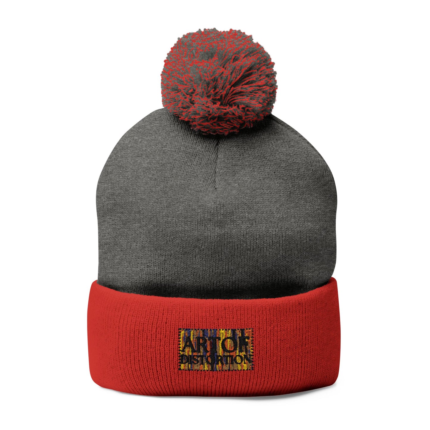 Cozy Pom-Pom Knit Cap with Art of distortion Embroidery